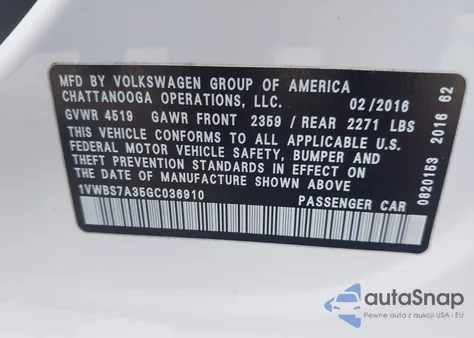 2016 Volkswagen Passat 1.8T Se из США, поврежденный, VIN 1VWBS7A35GC036910